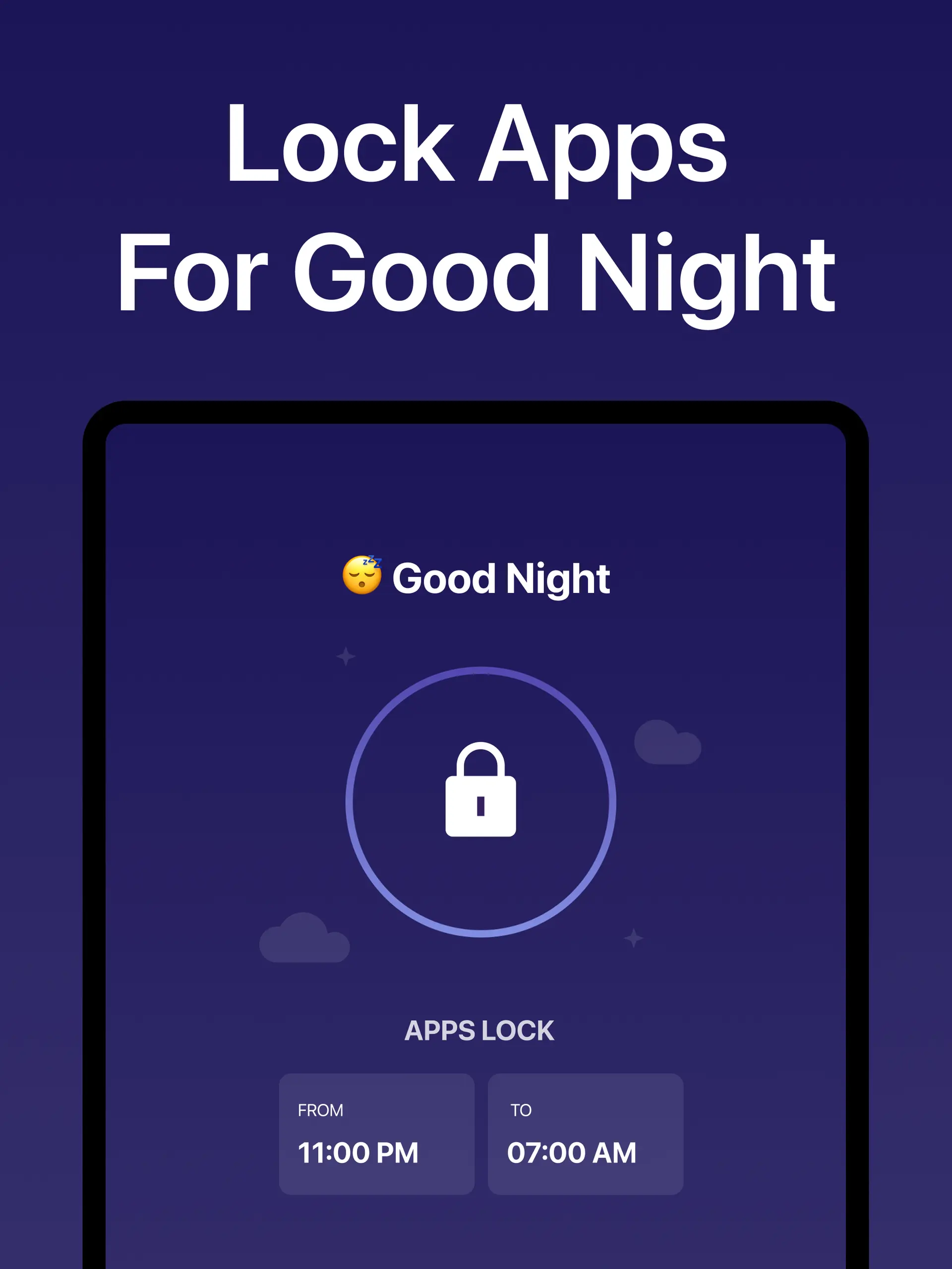 Good Night Lock app-vergrendelscherm in het Engels